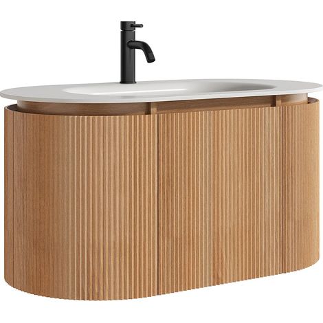 Mobile bagno sospeso scanalato in legno di frassino con lavabo da incasso e rubinetto Naturale chiaro L90 cm - LILIKO (1/5)
