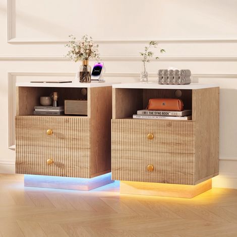 Lot de 2 Chevet Design - avec LED et Prise EU - Table de Nuit avec 2 Tiroirs et Étagère - Style Scandinave pour Chambre et Salon (1/3)