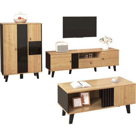 Ensemble meubles salon 3 pièces avec table basse, meuble TV 170 cm et buffet LED, finition bois et noir, rangement pratique et design moderne CHICFURN (1/5)