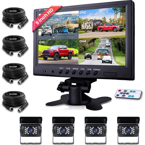 9 Inch Monitor Backup Camera 4 Settings 4 Shared Screen IP68 Waterproof for Truck/Trailer with 2 x 10 m + 2 x 20 m 4 Pin Cable 12-24 V Aircraft Interface (1/5)