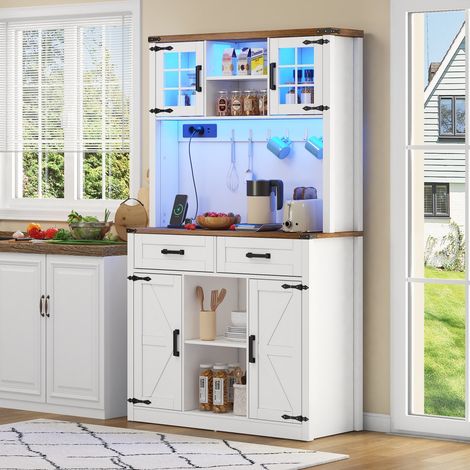 Buffet de Cuisine - Design Porte de Grange - Éclairage LED et Prises - 2 Grands Tiroirs - Blanc Rustique - Étagères (1/5)