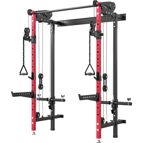 SPORTNOW Power Cage Pieghevole, Barra Trazioni, Sistema Puleggia Cavi, Rosso