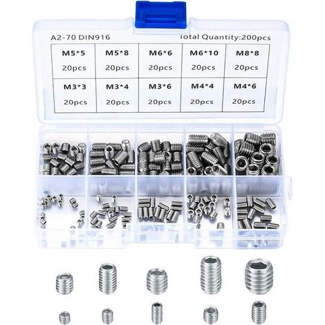 Vis Sans Tête en Acier Inox, M3 M4 M5 M6 M8 Vis à Métaux, Assortiment Kit de Fixations Vis Pointeau(200Pcs) (1/5)