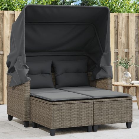 vidaXL Garden Sofa 2-Seater with Canopy and Stools Grey Poly Rattan (1/5)