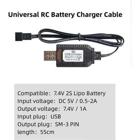 Chargeur USB, câble RC universel avec connecteur SM-3P pour batterie LiPo 2S 7,4 V, compatible avec les voitures, bateaux, drones, avions et autres jouets radiocommandés. (1/3)