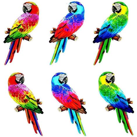 6-teiliges Set aus Metall-Papageien-Wanddeko, Vogelskulpturen, Figuren zum Aufhängen für drinnen und draußen