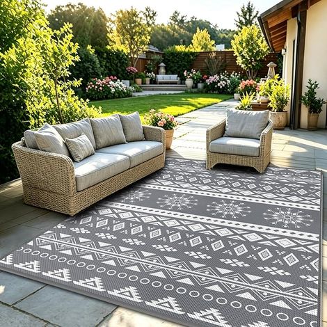 Tapis d'extérieur résistant aux intempéries, Tapis de balcon et camping réversible 120x180 cm, natte en plastique imitation paille pour terrasse, tapis de jardin UV-résistant pour RV (1/5)