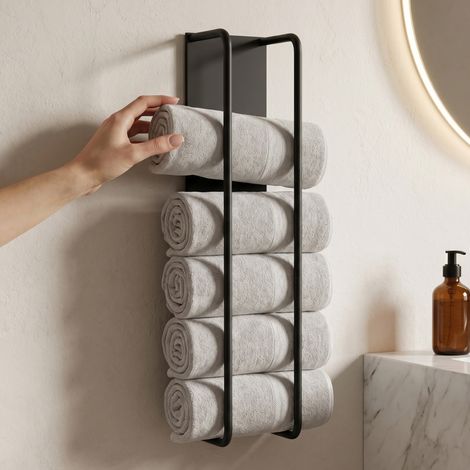 doporro Porte-Serviettes Mural Autocollant, Range Serviettes Noir Mat, Support pour Serviettes Roulées, en Acier au Carbone sans Perçage, pour Salle de Bain Cuisine 40 cm, Tavrin-03