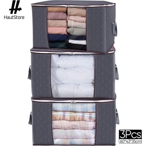 Sac de Rangement - Non-Tissé - Lot de 3 - 60 x 43 x 35 cm - Capacité 90 L - Gris (1/4)