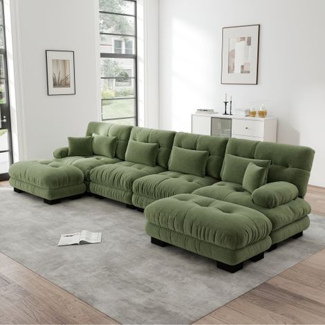 Modulares Ecksofa, U-förmiges Couch Set für Wohnzimmer, 4-Sitzer Komfortable Cloud Couches mit beweglichem Ottoman, DIY-Kombination, Chenille, Grünes 
WL