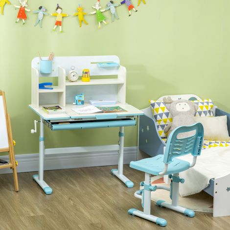 Table enfant 3 ans réglable inclinable bleu, bureau avec tiroir étagères, chaise assortie (1/5)