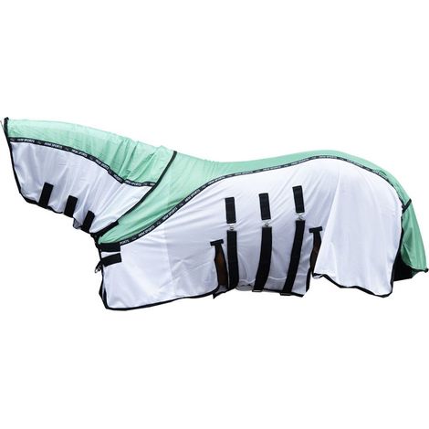 125 cm, verde e bianco: Coperta antimosche per cavalli modello Light con collo staccabile