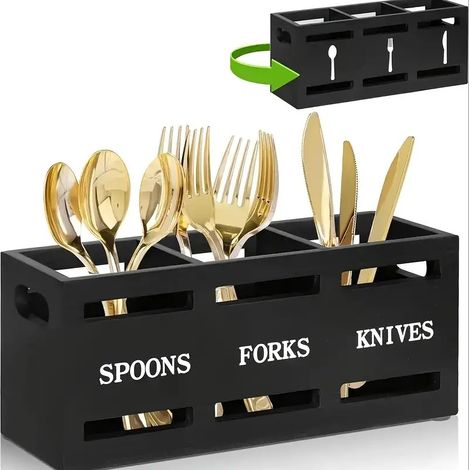 Porte-couverts en bois à 3 compartiments pour le rangement des ustensiles de cuisine sur le plan de travail. (1/5)