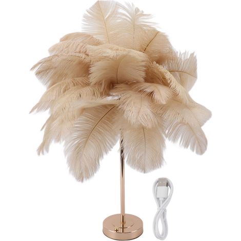 Créatif Blanc Plume D'autruche Lampe De Table Lampe De Chevet Lumière Luxe Et Élégant Abat-Jour Veilleuse Éclairage De Table , Rechargeable,chameau Lampe de bureau (1/5)
