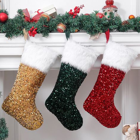 Set da 3 pezzi di calze natalizie con paillettes, decorazioni da appendere all'albero, borse festive e lucide per la decorazione della casa (1/5)