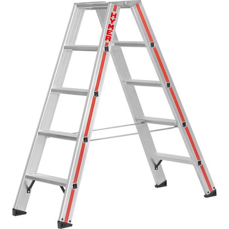 Escabeau double 2x5 marches – Hauteur de travail max 2,65m – Marches antidérapantes 8cm – Articulations en fonte d'aluminium – Hymer (1/6)