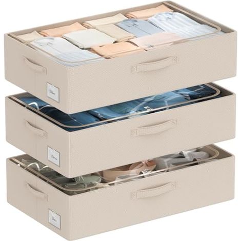 Lot de 3 bacs de rangement sous le lit avec cadre en métal – Organiseur de chaussures pour placard avec housse transparente en tissu Oxford robuste, pliable et empilable (beige, 60 x 40 x 16 cm) (1/5)