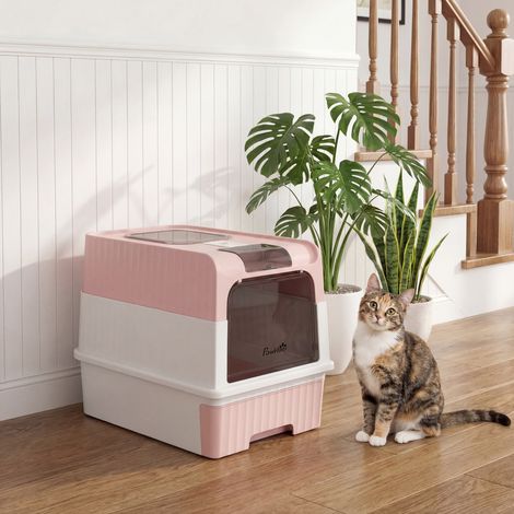 Litière pour Chat Fermée M avec Couvercle, Bac Amovible, Raclette, 4 Sachets Désodorisants, Rose (1/5)