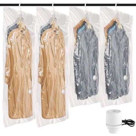 Sac Sous Vide Vetement Aspirateur avec Pompe électrique, Lot de 4 Sacs de Rangement Suspendu pour Vêtements Sous Vide,Rangements Vêtements pour Placards et Penderie,Transparent Réutilisable (1/5)