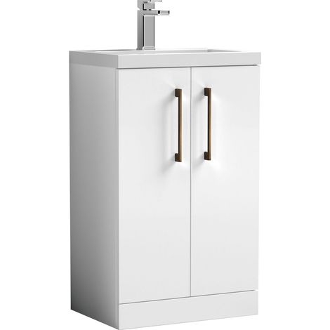Balterley Bramshall Compact Bathroom Cloakroom Vanity Basin Unit with Polymarble Basin, Brushed Bronze Handles, 500mm, Gloss White (1/5)
