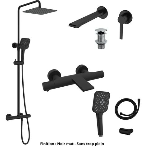 Mitigeur lavabo + Bonde + Colonne de douche + Mitigeur Bain + Support douchette Couleur Noir mat Version Bonde sans trop plein (1/5)