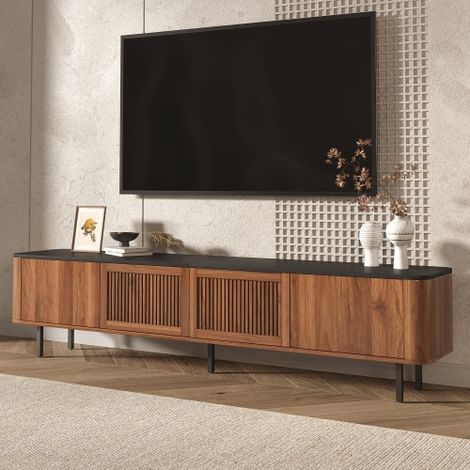 Meuble Tv 190x35x45 cm, avec portes grillagées, compartiments de rangement et pieds en fer, en MDF, marron foncé (1/5)