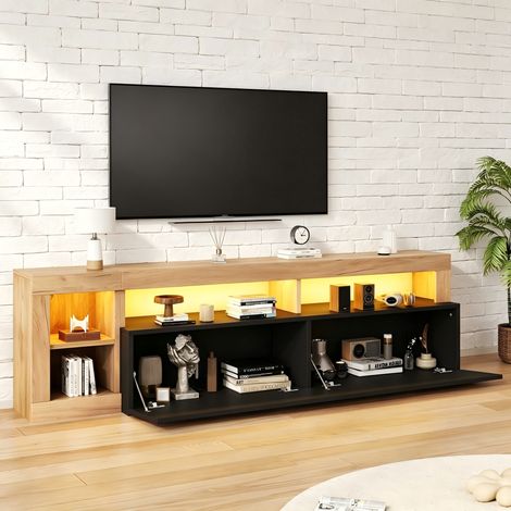 Meuble TV noir et bois avec LED, 2 portes abattantes, grand rangement, design moderne, 184 x 42 x 58 cm (1/5)