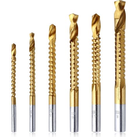 6Pcs forets 3-8mm foret de coupe latérale dentelée foret Impact titane enduit HSS torsion forets titane HSS perceuse & scie outils de travail du bois pour trou de bois en plastique (1/5)