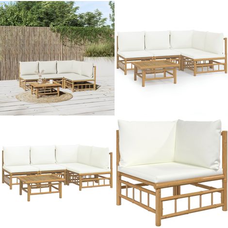 Set de muebles de jardín 5 piezas bambú y cojines blanco crema - Muebles de exterior - Sofás de jardín