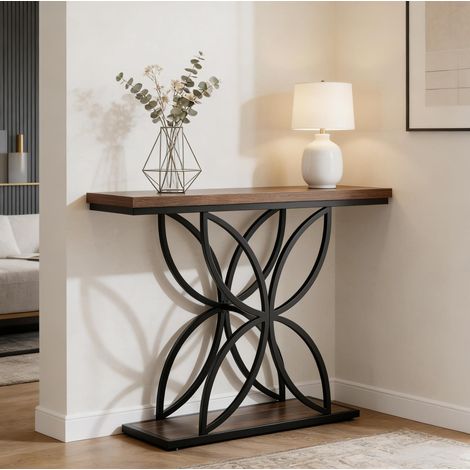 Console 120x30x83 cm en panneaux de bois et métal noir et brun, gain de place pour entrée FloraGrace (1/5)