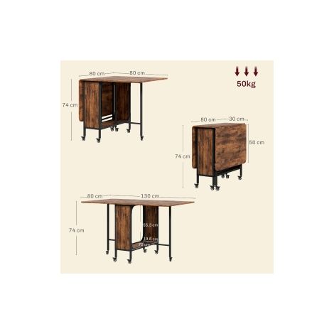 Table à manger pliante, table pliante mobile pour 6 personnes, avec étagère, charge jusqu'à 50 kg, 130 x 80 x 74 cm, brun rouge (1/5)