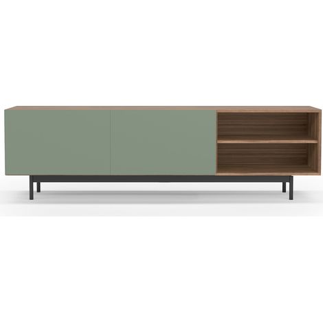 Mueble TV, colección PRINTED, en melamina con 2 puertas y 2 estantes abiertos en un extremo. Nogal-Verde