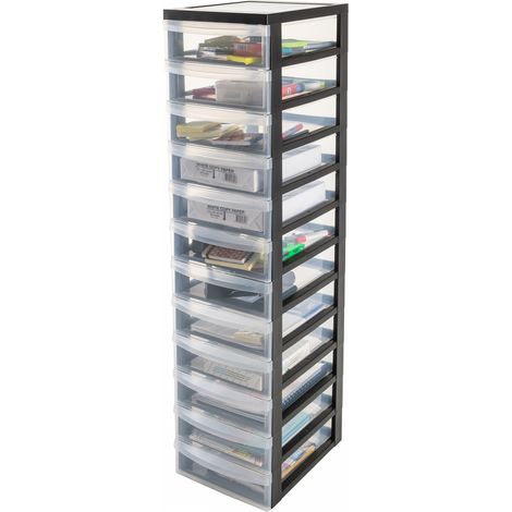 Iris Ohyama, Tour de rangement à Roulettes en Plastique, 12 Petits Tiroirs, Noir, Ouverture Facile, Meuble de Rangement, Papeterie, pour Chambre, Salle de Bain, École & Bureau, Sans BPA, DC-012