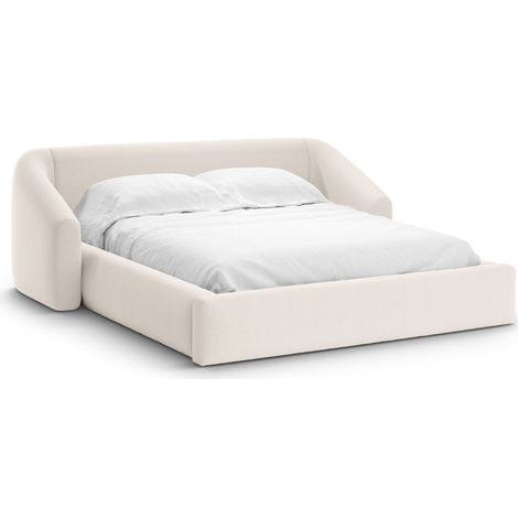 Lit coffre + tête de lit 200x200 en tissu structurel beige clair (1/5)