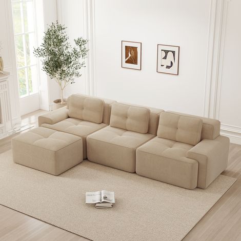 Canapé d'angle modulable Cloud sans armature, convertible avec pouf, velours côtelé beige, 3 places pour séjour, assemblage non requis (1/5)