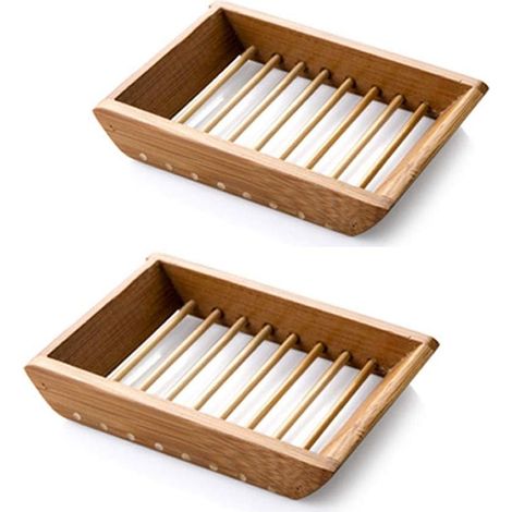 Lot de 2 Porte-Savon en Bois Bambou Naturel Boîte à Savon Support de Stockage de Savon de Douche Saver pour Salle de Bain Douche Cuisine (1/5)