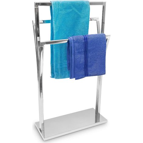 Porte-serviettes sur pied en inox 3 tringles 86 x 50 x 20 cm à poser avec surface chromée 3 barres au design style moderne, gris argenté (1/5)