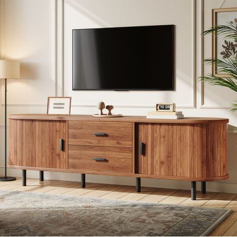 Mobile TV basso nero con ante scorrevoli, 2 cassetti, maniglie nere e gambe in metallo, mobile TV per soggiorno, 160x40x55 cm (1/5)