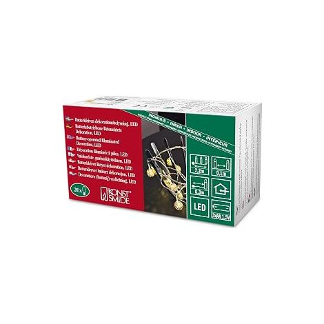 KONSTSMIDE 3158-803 GUIRLANDE DÉCO PETITES BOULES EN MÉTAL + 20 LED BLANC CHAUD + CÂBLE TRANSPARENT DORÉ 1,5 V