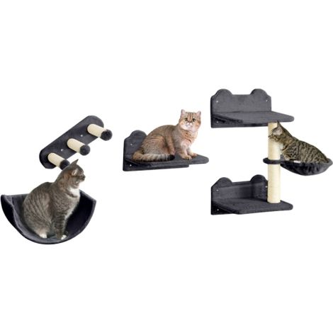 Dark Grey Wall-Mounted Cat Shelves Set with Scratching Post, Hammock, and Nest - 4 Pieces for Stylish Pet Spaces (1/5)