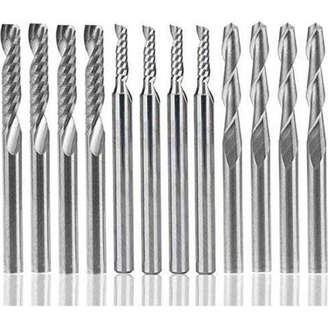 Jeu de 12 fraises à défoncer en carbure, 4 fraises CNC à double cannelure de 1/8" et 8 fraises à simple tranchant (2 types) pour nylon, résine, ABS, acrylique, PVC, MDF et bois.