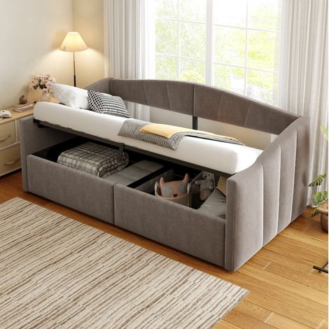 Sofá cama tapizado 90/200 cm gris de terciopelo con almacenaje hidráulico y brazos (1/5)