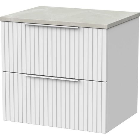 Callingwood Contemporary Wall Hung 2 Drawer Vanity Unit with Marble Plaster Laminate Worktop , 600mm, Matt White