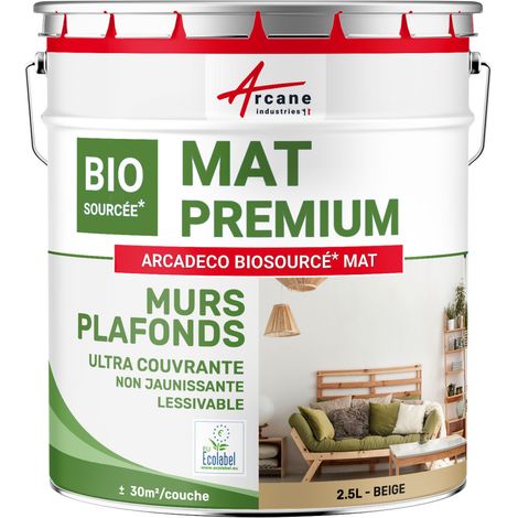 Peinture mat, mur et plafond, biosourcée - Peinture chambre, salon, pièces à vivre - 2.5 L (+ ou - 30m² par couche) Beige - RAL 1001 - ARCANE INDUSTRIES (1/5)