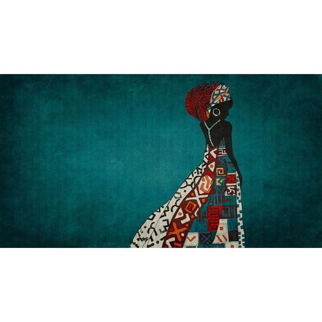 Papier peint panoramique ethnique bleu canard | Tapisserie panoramique salon avec femme | Papier peint panoramique motif africain - 270 x 500 cm (5 pièces) (1/2)