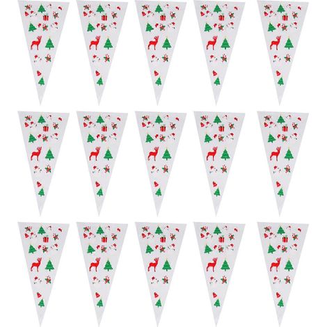 100 sachets triangulaires imprimés en forme de cône pour bonbons de Noël, avec attaches, en plastique OPP, pour cadeaux et emballages alimentaires.-33X17cm (1/2)