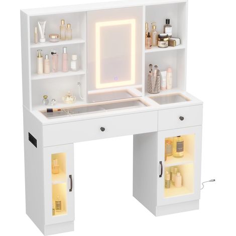 Coiffeuse avec miroir coulissant et éclairage LED à 3 couleurs, plateau en verre trempé, tiroirs de rangement et prises USB/AC intégrées (1/5)