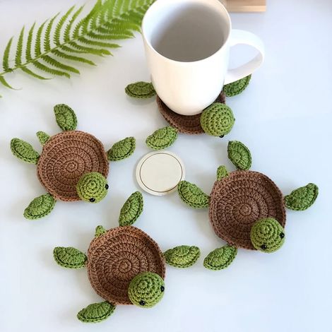 Sous-Verre Tortue - En Coton Tissé Main - Diamètre 12 cm - Pour Tasses Et Gobelets - Décoration De Bureau Et Table - Lot De 1 (1/5)