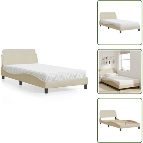 The Living Store Lit avec matelas crème 100x200 cm tissu - Lit Double - Lit Plateforme - Lit Design - Literie - Sommier Tapissier (1/5)