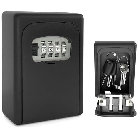 Secure Outdoor Key Box, Wall-Mounted Key Box with Code, Robust Aluminum Alloy, Weatherproof, for Keys and Cards, Black (1/5)